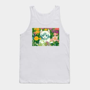 Adorable white kitty cat surrounded with flowers Tank Top